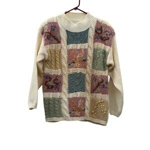 Vintage 90s Needles & Yarn Sweater Womens M Patchwork Floral Knit Korea